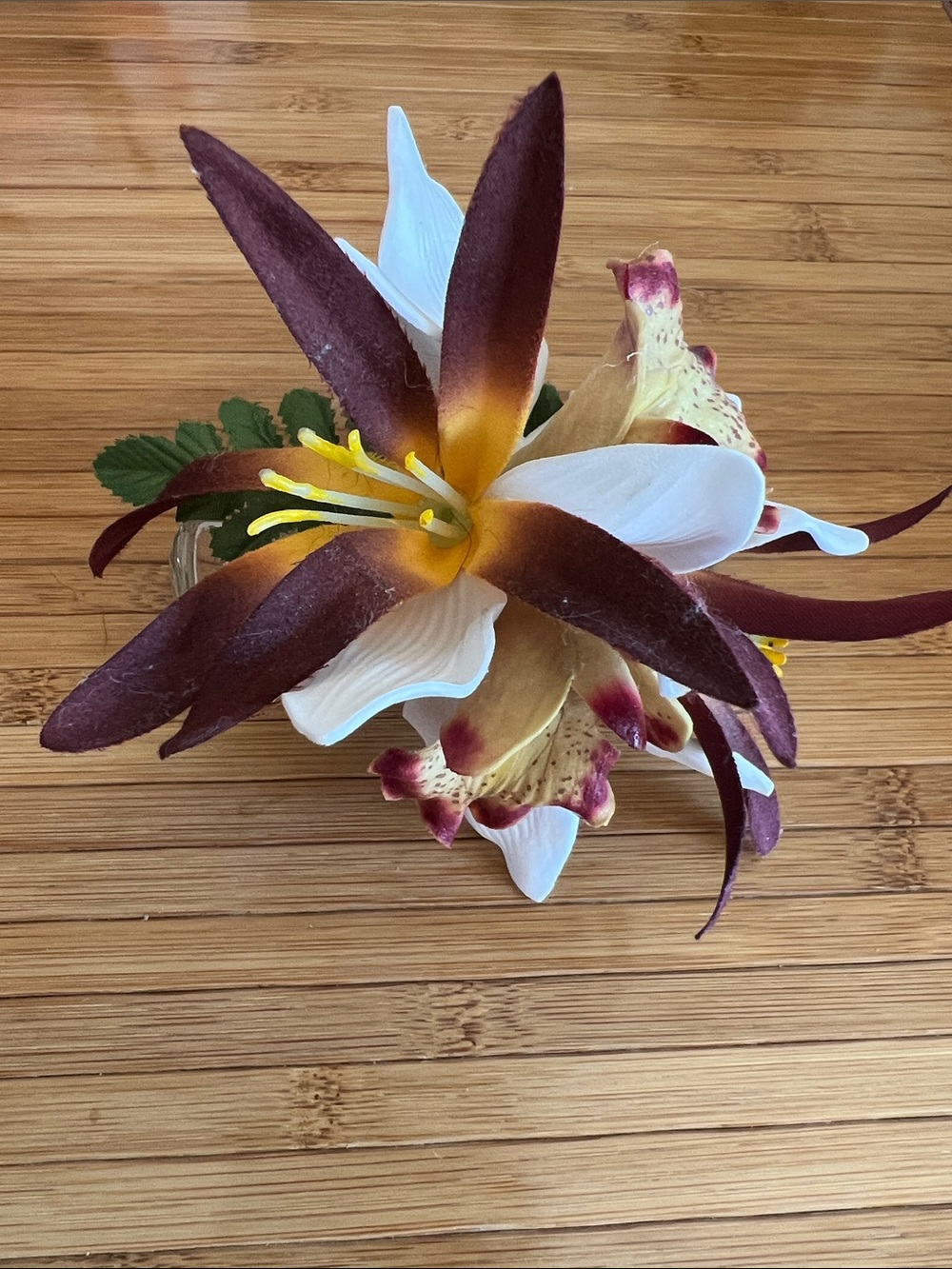 Faux Floral Hair Clip in Maroon, White & Gold